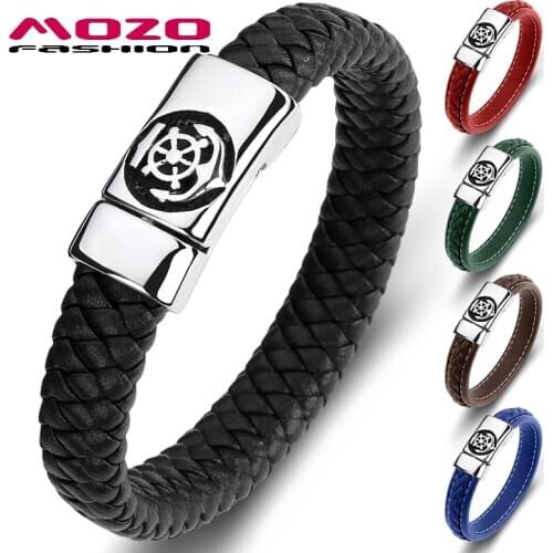 MOZO FASHION Punk Men Genuine Leather Multi Color Stainless Steel Magnet Buckle Bracelet Handmade Wholesale Jewelry Gift 083