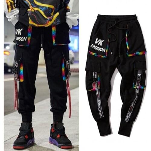 Mens Streetwear Ribbons Streetwear Cargo Pants Harajuku Hip Hop Joggers Pants Rainbow Gradient Color Fashion Pockets Trousers