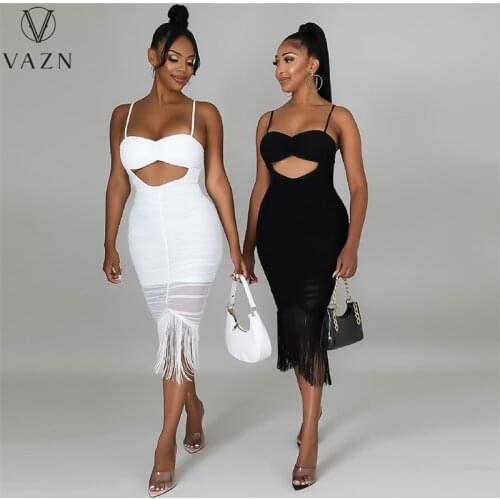 VAZN New 2021 Tassels Sexy Club Birthday Dress Floor-length Evening Gown Women Elegant Fashion Female Dress Club Shinny Dress