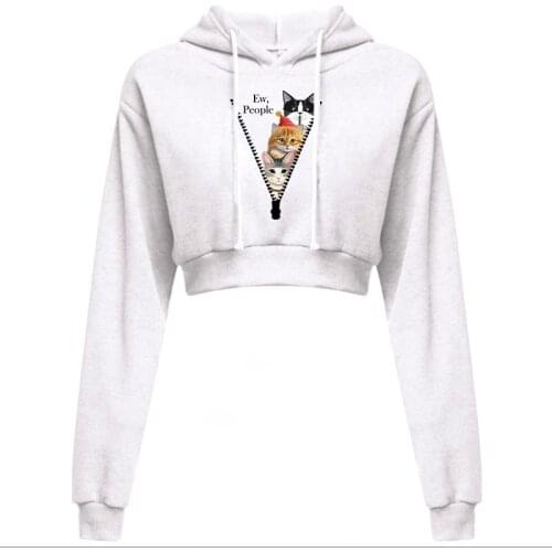 Sexy Zipper Cat Printing Hoodies Drawstring Sweatshirt Women Crop Sweatshirt Casual Solid Long Sleeve Shirt Thin Short Tops