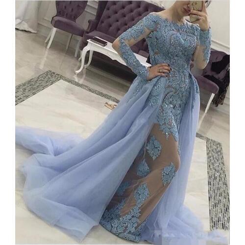 Blue Muslim Evening Dresses Mermaid Long Sleeves Tulle Lace Beaded Islamic Dubai Saudi Arabic Long Evening Gown Prom Dress