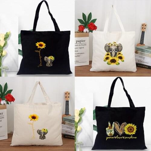 Women Canvas Shoulder Bags Elephant Sunflower Peace Love Print Lady Handbag Casual Tote Literary Book Bag Shopping Bag for Girls