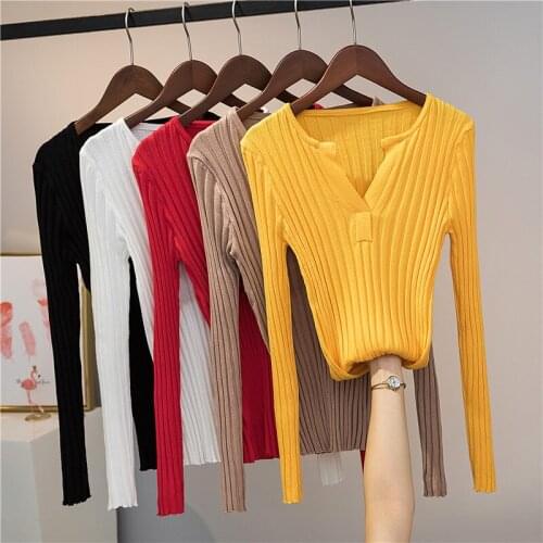 Cheap wholesale 2021 spring autumn winter new fashion casual warm nice women v neck knitted sweater woman female OL BVy1097