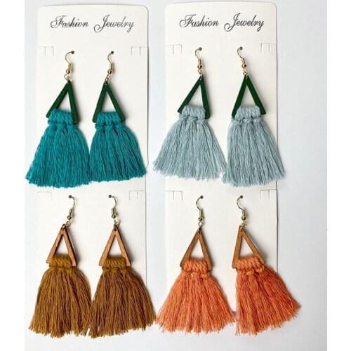 Triangle Wood Cotton Macrame Tassel Geometric Dangle Drop Earrings BOHO Fashion Charm Party Jewelry for Women Wholesale