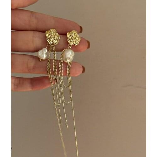 U-Magical French Vintage Irregular Baroque Freshwater Pearl Drop Earring for Femme Tassel Metallic Geometric Earring Jewellery