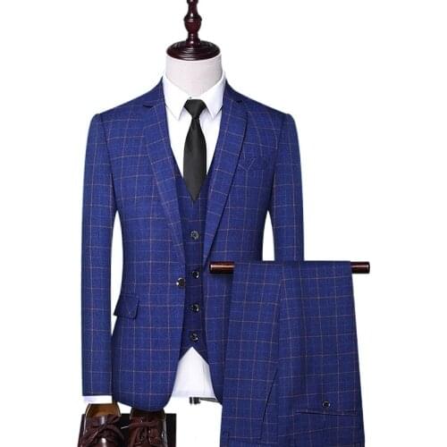 Spring and autumn Korean slim check British business suit mens three piece wedding bridegroom best man formal dress