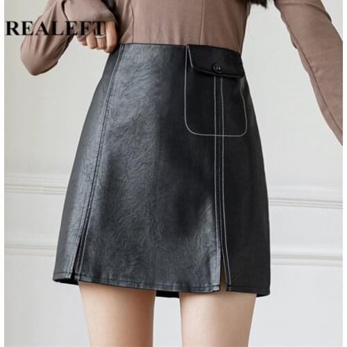 REALEFT 2021 New Autumn Winter Womens Black PU Leather Skirts Stylish Mini Skirts High Waist Wrap Short A-Line Skirts Female