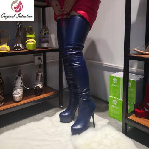 Original Intention Sexy Women Over the Knee Boots Round Toe Platform High Heels Thigh High Boots Blue Shoes Woman Big Size 4-20