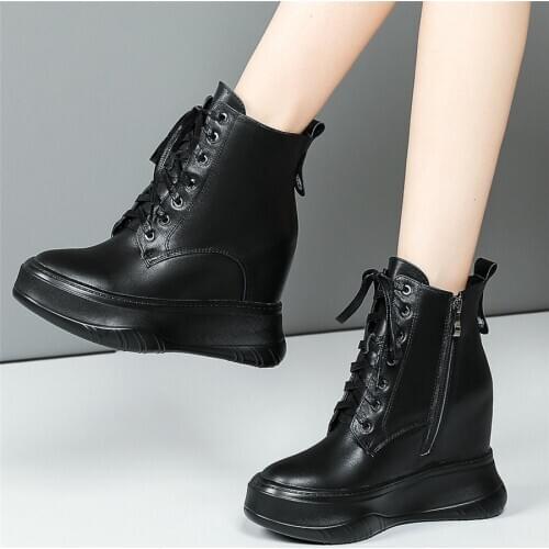 Women Lace Up Genuine Leather Platform Wedges High Heel Vulcanized Shoes Female High Top Round Toe Fashion Sneakers Casual Shoes