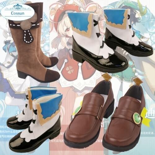 Genshin Impact Cosplay Shoes Klee Barbara Cosplay Boots Venti Zipper Women Chunky Heel Shoes Round Toe Ladies Knee High Boots