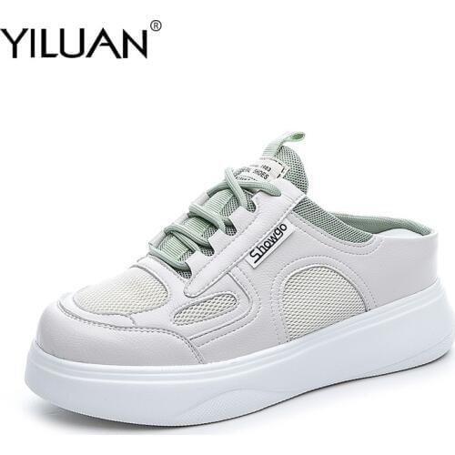 Yiluan 2020 Mesh Half Slippers Female Wild Casual Leather Casual Single shoesThick Bottom Lazy One Pedal Slippers Summer Student
