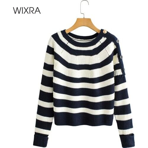 Wixra Womens Sweaters Elegant O Neck Autumn Winter Striped Pullovers Tops Casual Femme Stretchy Jumpers