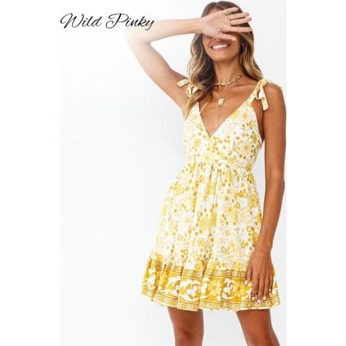 WildPinky 2021 New Sapghetti Strap Print Backless Women Mini Dress V-neck Summer Holiday Ladies Dresses Beach Sundress Vestidos