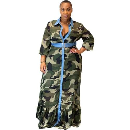 2021 Summer for Women Plus Size 5XL Dresses Camouflage Print Long Sleeved Floor Length Shirt Dress Sexy Fashioh Wholesale