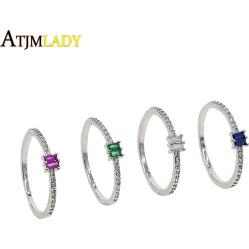 Colorful cz red green blue white baguette cz cubic zirconia minimal delicate thin engagement band ring for women fashion jewelry