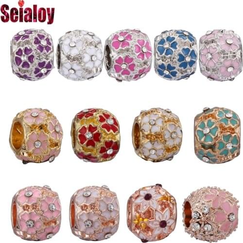 Seialoy 2pcs Flower Beaded Purple Red Blue Flower Beads Cherry Blossom Charm Fit Brands Bracelets Diy Women Jewelry Making