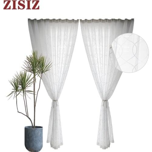 White Geometric Sheer Curtains For Living Room Embroidered Tulle Curtain Panel Bedroom Kitchen Window Curtain Treatment Drapes