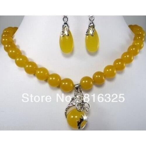 FREE SHIPPING>>@> FREE SHIPPINGPretty 10MM yellow stone necklace 18" earring set Natural jewelry