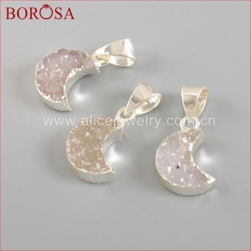 BOROSA 10X8mm Silver Plated Crescent Moon White Quartz Charm Natural Quartz Druzy Pendant Bead Druzy Jewelry SS120