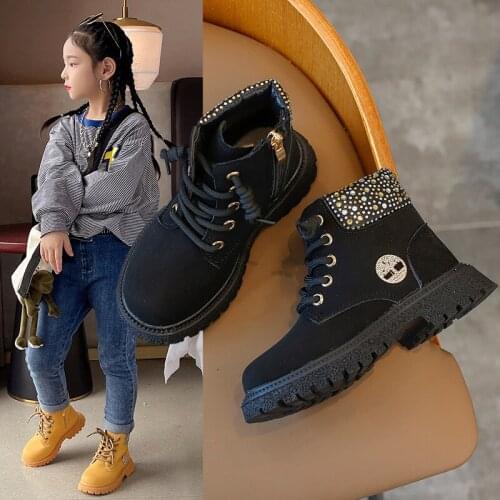 Children frosted leather Martin boots 2021 autumn boys fashion retro single boots Princess simple diamond-studded shoes