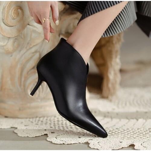 New Autumn Women Shoes Genuine Leather Pointed Toe Thin Heel Ankle Boots Solid High Heels for Office Lady Short Modern Boots