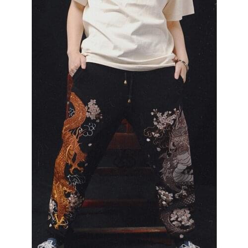 Makuluya Men Boys Black Gold Silver Dragon Sakura Heavy Work Embroidered Loose Trousers Full Length Pants Hip Hop High Street