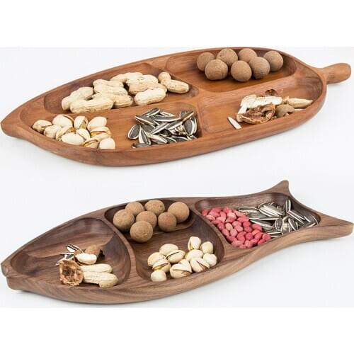 Nordic Style Wood Home Use Storage Trays Creative Fish Leaf Shape Divided Snacks/Nuts Plates Eco Natural Desserts Plate
