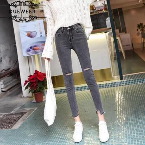 Dueweer Women Pencil Hole Jeans Skinny Tight High Waist Trousers Irregular All-match Ripped Vintage Trendy Slim Stretchy