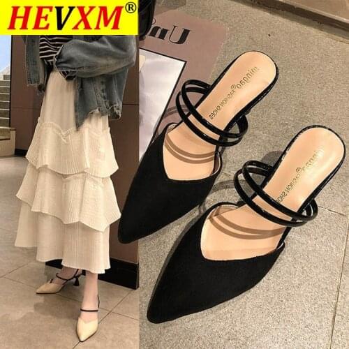HEVXM 2021 European Striped Pointed Toe Sandals Women Slippers Slip on Chic High Heels Shoes Women Two Ways Cover Toe Sandales