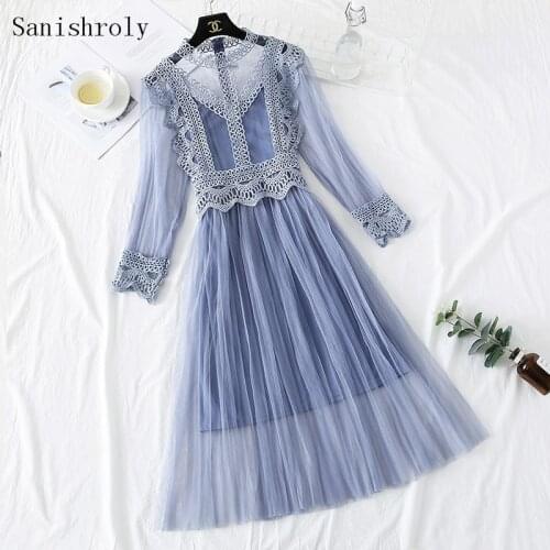 Two-piece 2021 Summer Autumn Women Hollow Out Lace Dress Sweet Long Sleeve Mesh Dress Ladies A Line Long Pleated Party Vestidos