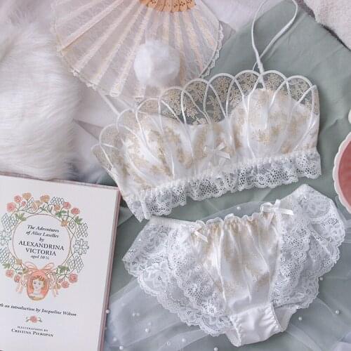 Lolita Bra Set Cute School Girl Kawaii Underwear Bra and Panty Set Lace See Through Breathable Bras Womens Intimate