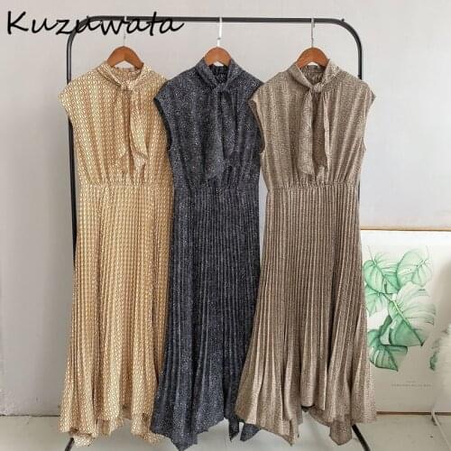 Kuzuwata Chic Irregular Design Print Women Dress 2021 New Vintage Sleeveless Draped Vestidos Spring Drawstring Shirt Dresses