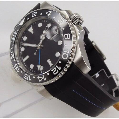 BLIGER GMT Mechanical Men Wristwatch Sapphire Glass Rubber Band Nologo Dial Rotating Bezel