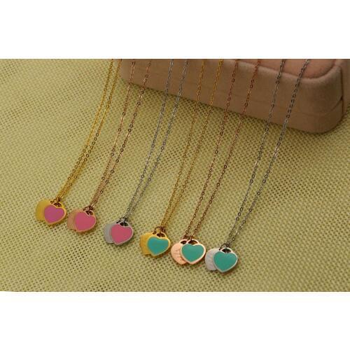 Fashion Luxury Stainless Steel Rose Gold Color Love Blue Pink Double Heart Pendant Necklace Women Xmas Party Gift