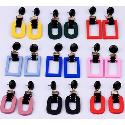 Fashion Korean Style Hoop Earrings for Women Red Yellow Blue Trendy Jewelry Drop Statement Square Colorful Wooden Earrings New