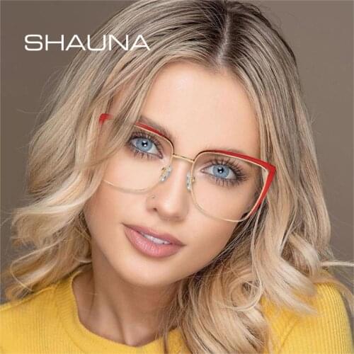 SHAUNA Retro Cat Eye Metal Eyeglasses Frame Women Fashion Clear Anti Blue Light Optical Eyewear Men Square Frame Computer Goggle