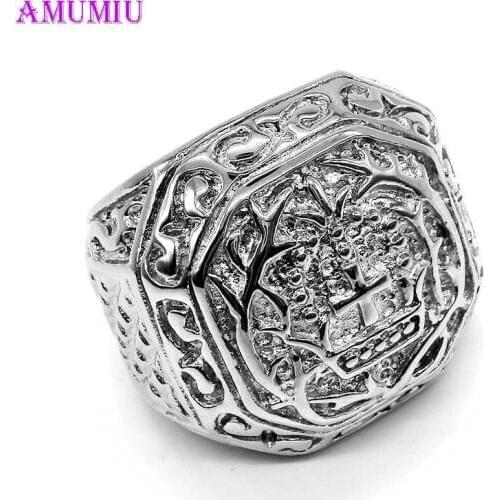 AMUMIU Jesus Cross White Cubic Zirconia Ring for Men Silver Tone Stainless Steel Crucifix Band Male Jewelry Anel Aneis R013