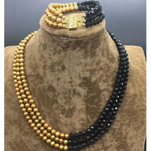 Real Brown Freshwater Cultured Pearl Black Onyx Statement Necklace Bracelet Set