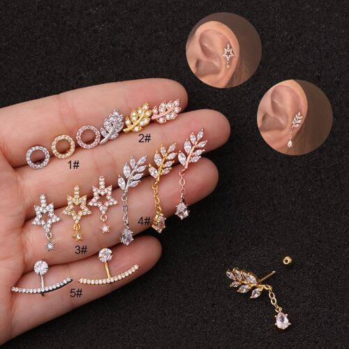1Pc Newest Tree Star Zircon Pendant CZ dangle ear piercing jewelry steel barbell Daith earrings helix cartilage studs