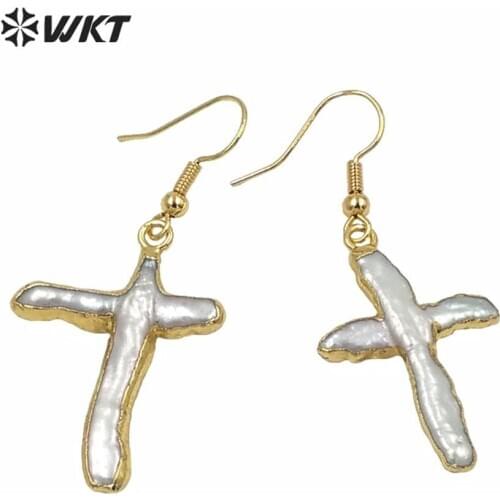 NEWEST! Natural white cross stone earrings with 24K gold plasted on edged WT-E082