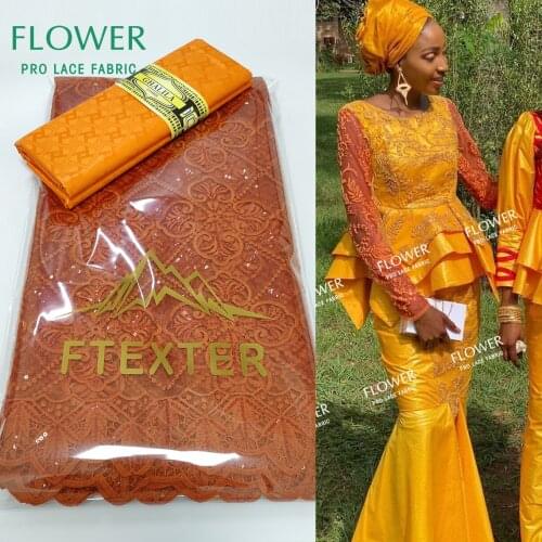 Orange 100% Cotton Sequined Net Lace And Bazin Riche Fabric 2021 Top Quality Women Sewing Dresses Guipure Net Tulle Lace Fabric