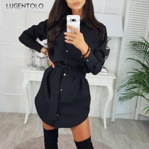 Large Size Dress Women Long Sleeve Summer Slim Black Casual Female Single-breasted Lapel High Waist Short Dress Lugentolo