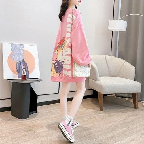 Womens Pullover Plus Velvet Thick/thin Mid-length Loose Kawaii Clothes Korean Version New Autumn Winter Student Shirt Ins Tide