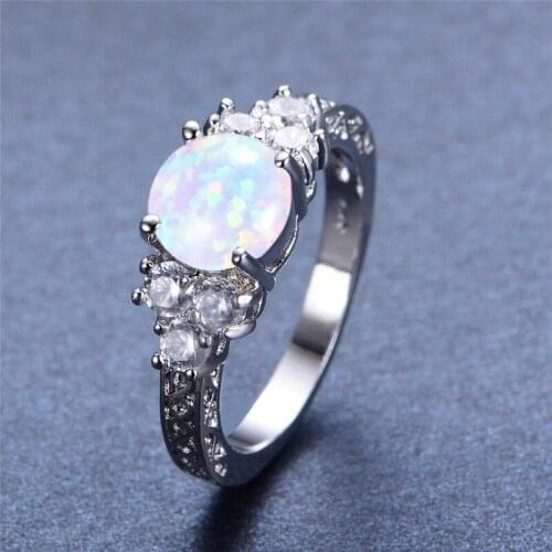 Luxury Female Blue Opal Stone Ring Dainty Round Crystal Wedding Rings For Women Trendy Bridal Engagement Ring