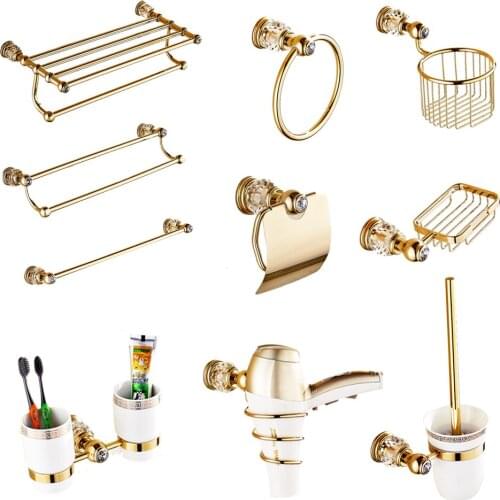 Luxury Gold Crystal Bathroom Accessories Set Brass European Bathroom Hardware Set Toothbrush Holder Metal Shower Rack Basket