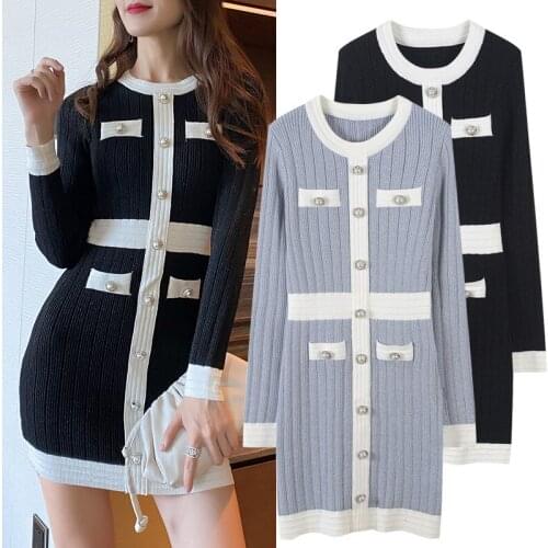 Net red dress womens 2020 autumn new fashion round neck pearl waist show thin bag hip A-line skirt