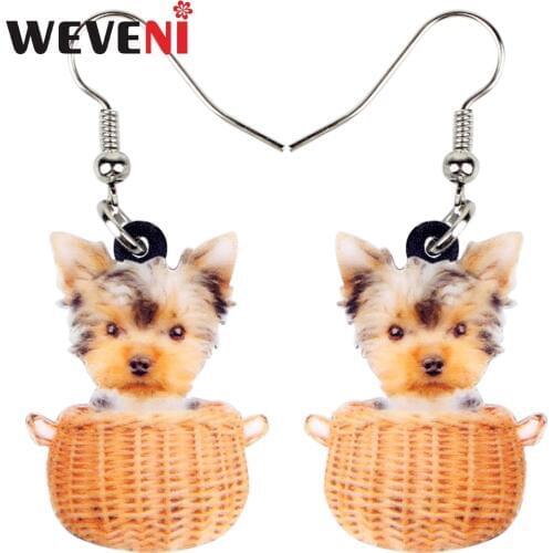 WEVENI Acrylic Cute Basket Of Tiny Yorkshire Terrier Dog Earrings Dangle Drop Cartoon Animal Jewelry For Women Girls Dropship