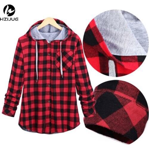 HZIJUE Women Casual Red Plaid Shirt Hooded Long Sleeve England Shirt Tops Men Harajuku Black Checkered Blouse Couple Clothes