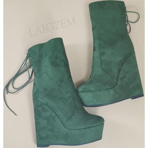 SEIIHEM SUPER Women Ankle Platform Wedges Boots Height Increase Booties Handmade Black Burgundy Shoes Woman Big Size 44 47 50 52