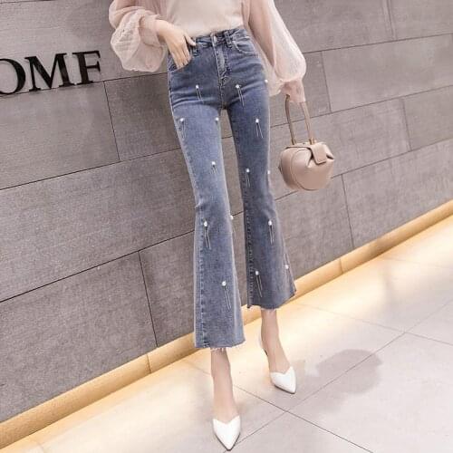 Pearl Fringed Denim Pants Womens Pants High Waist Quarter Small Micro Flared Pants Womens New Washing Water In Summer 2021